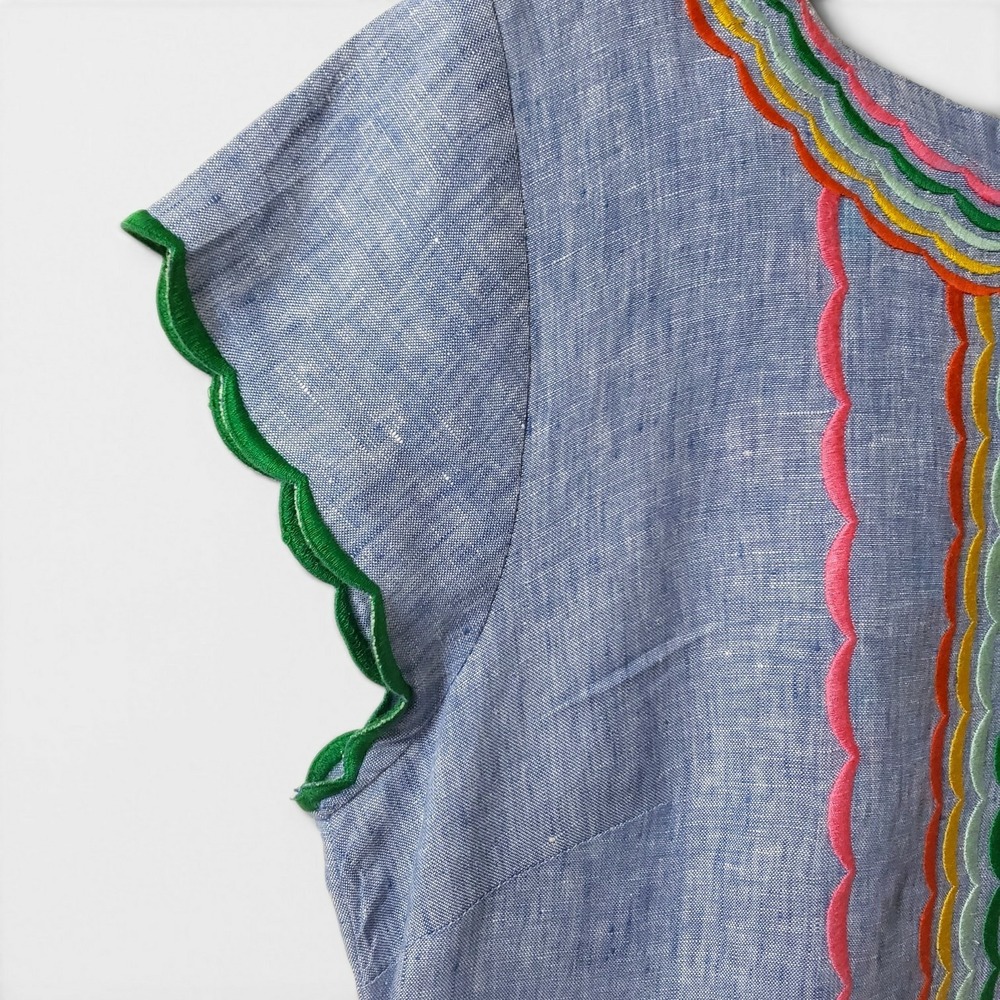 Boden Laura Linen Embroidered Shift Dress Chambray Blue Rainbow Multicolor 10R - Picture 3 of 13